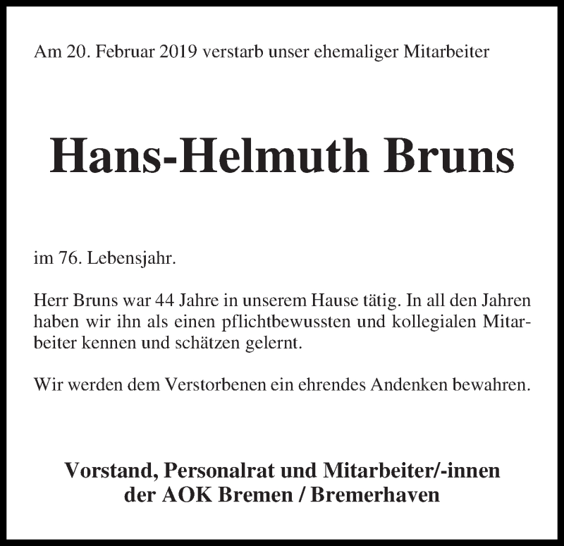 Traueranzeige von Hans-Helmuth Bruns von WESER-KURIER