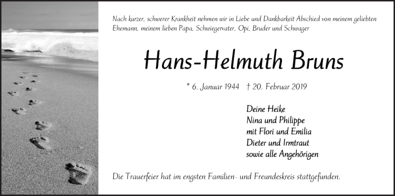 Traueranzeige von Hans-Helmuth Bruns von WESER-KURIER