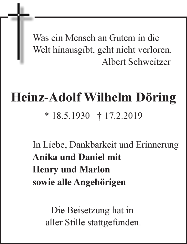 Traueranzeige von Heinz-Adolf Wilhelm Döring von WESER-KURIER