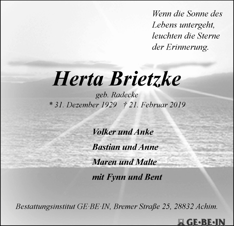 Traueranzeige von Herta Brietzke von WESER-KURIER