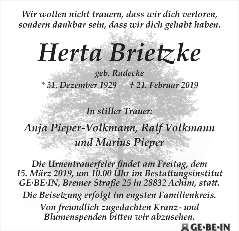 Traueranzeige von Herta Brietzke von WESER-KURIER