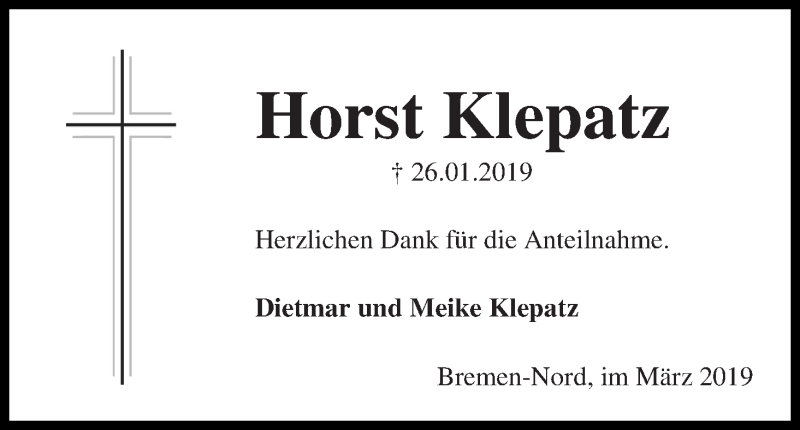 Traueranzeige von Horst Klepatz von Die Norddeutsche