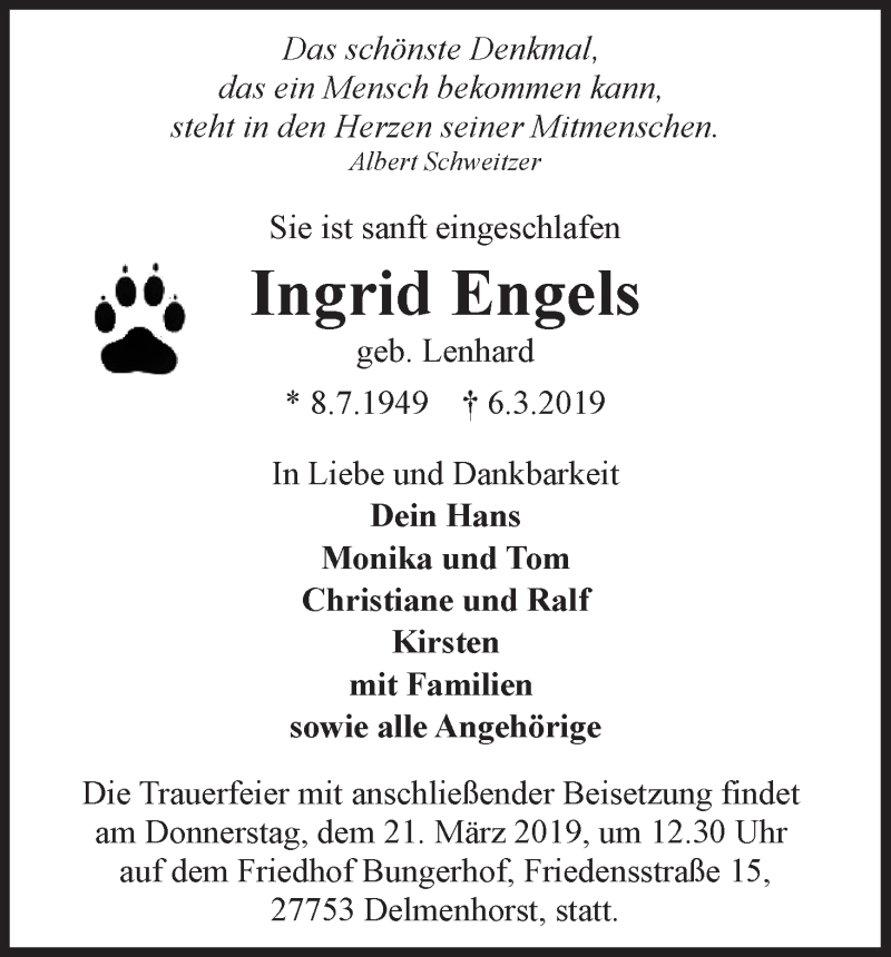 Traueranzeige von Ingrid Engels von WESER-KURIER
