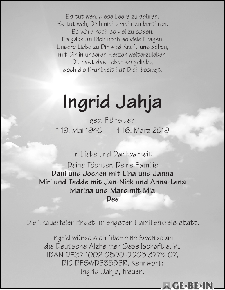 Traueranzeige von Ingrid Jahja von WESER-KURIER