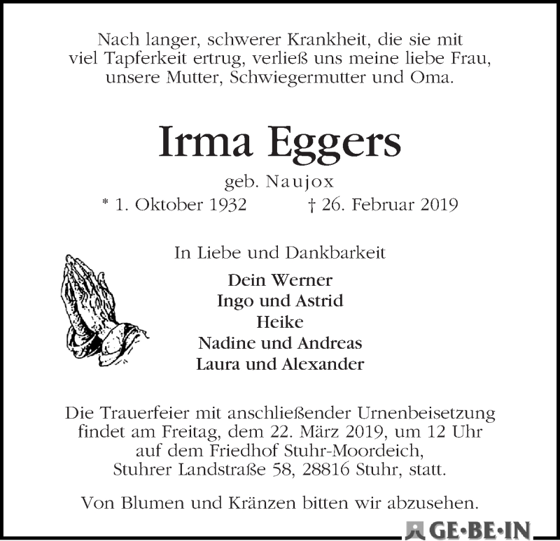 Traueranzeige von Irma Eggers von WESER-KURIER