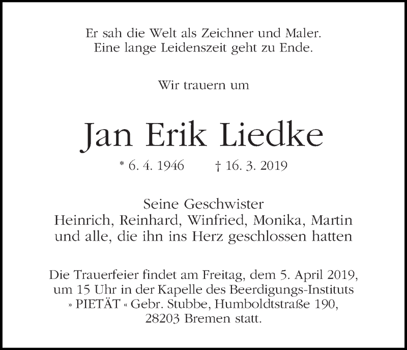 Traueranzeige von Jan Erik Liedke von WESER-KURIER