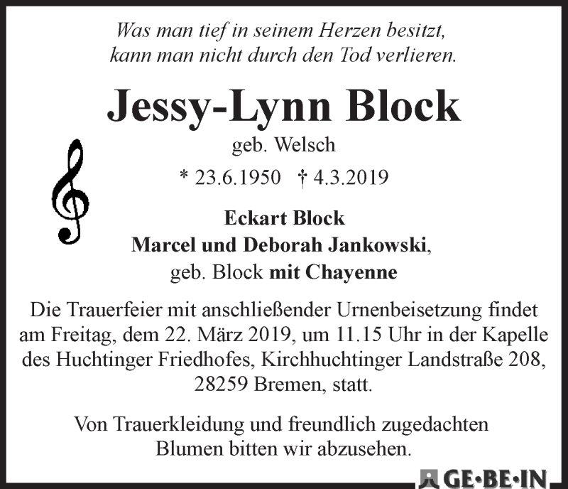 Traueranzeige von Jessy-Lynn Block von WESER-KURIER
