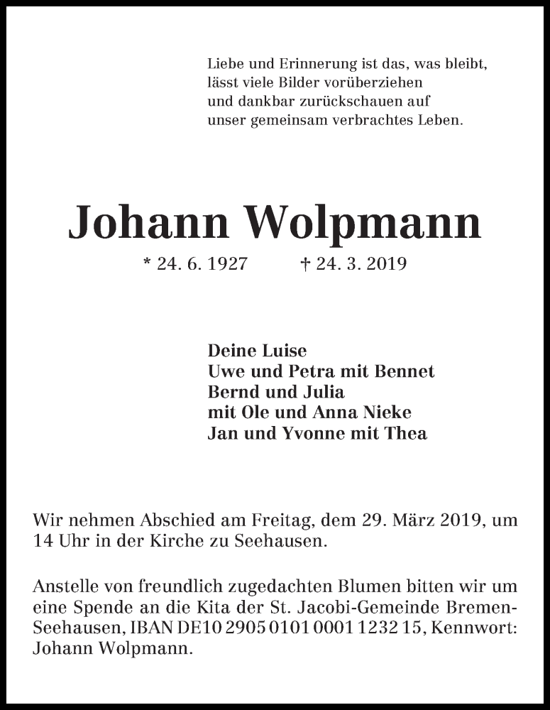 Traueranzeige von Johann Wolpmann von WESER-KURIER