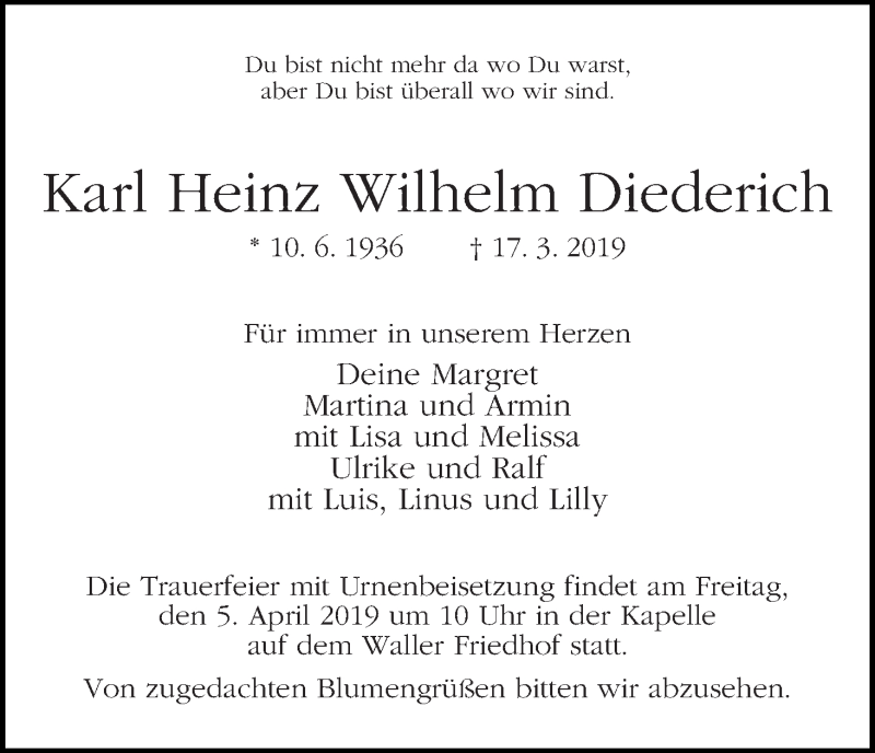 Traueranzeige von Karl Heinz Wilhelm Diederich von WESER-KURIER
