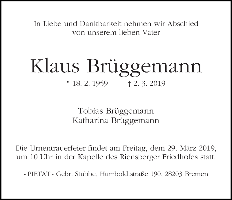 Traueranzeige von Klaus Brüggemann von WESER-KURIER