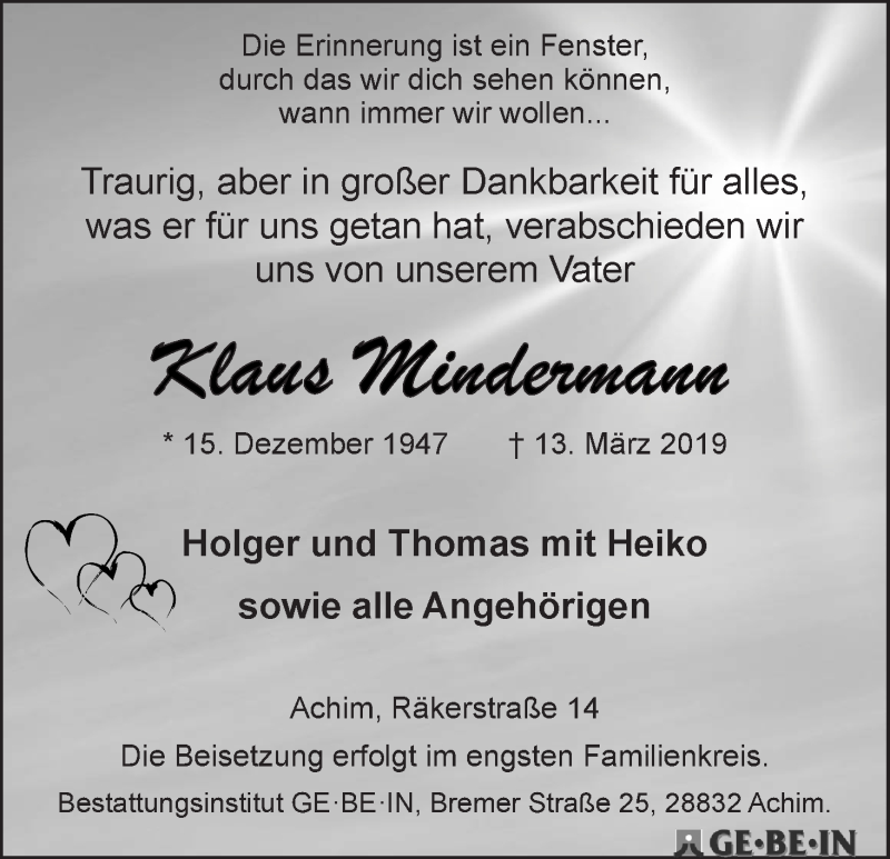 Traueranzeige von Klaus Mindermann von WESER-KURIER