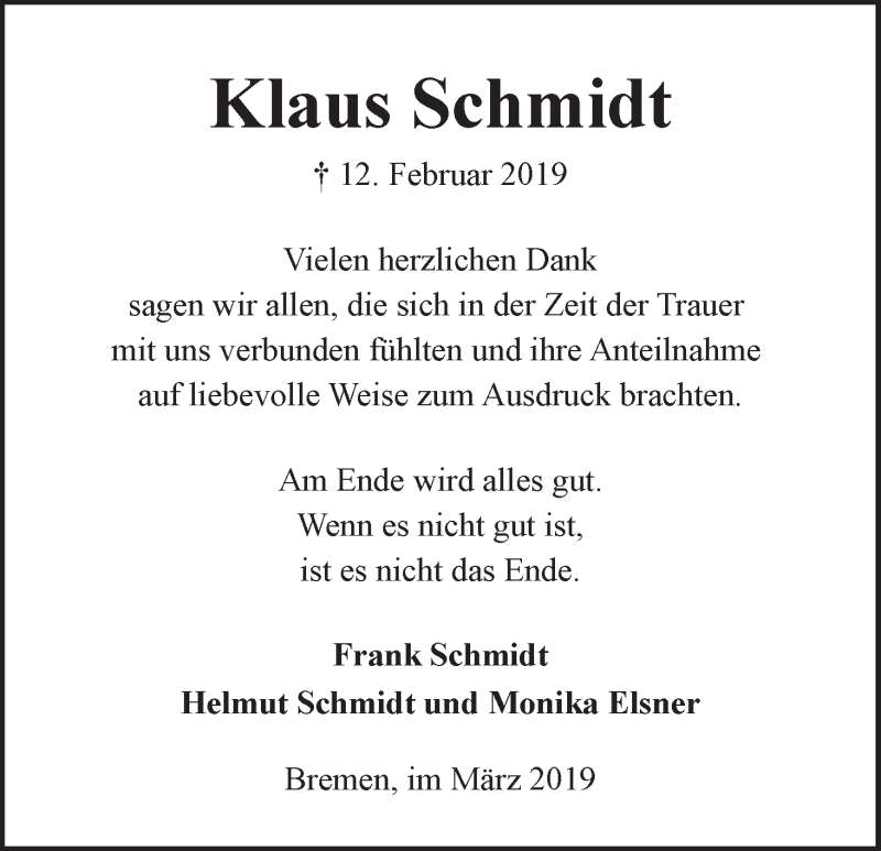 Traueranzeige von Klaus Schmidt von WESER-KURIER