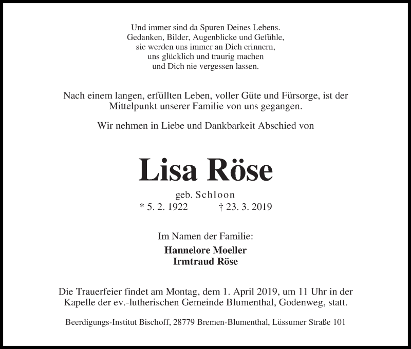 Traueranzeige von Lisa Röse von Die Norddeutsche