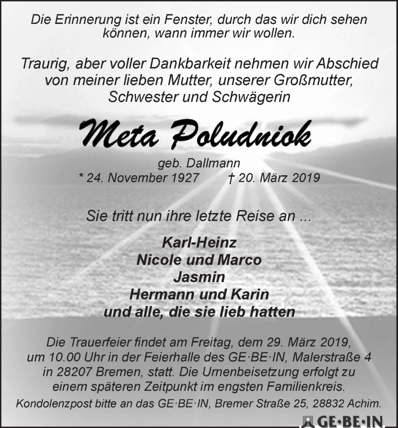 Traueranzeige von Meta Poludniok von WESER-KURIER