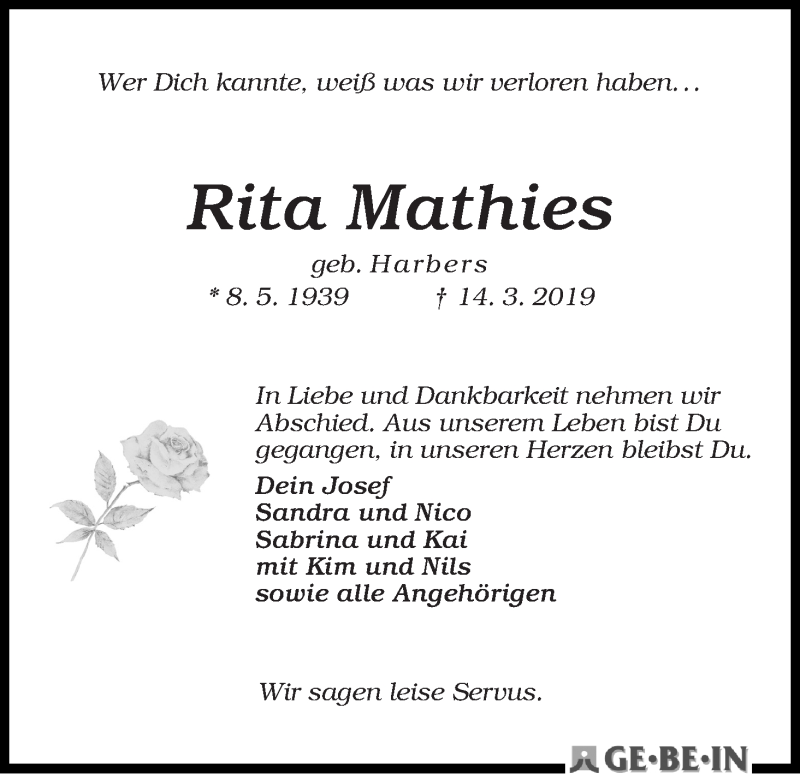 Traueranzeige von Rita Mathies von WESER-KURIER