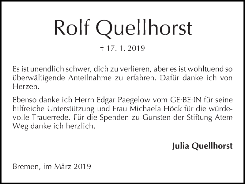 Traueranzeige von Rolf Quellhorst von WESER-KURIER