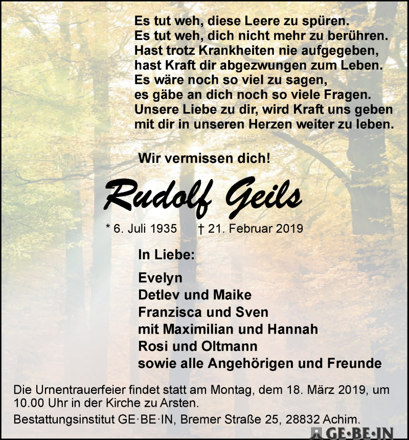 Traueranzeige von Rudolf Geils von WESER-KURIER