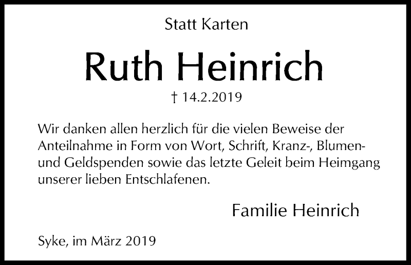 Traueranzeige von Ruth Heinrich von WESER-KURIER