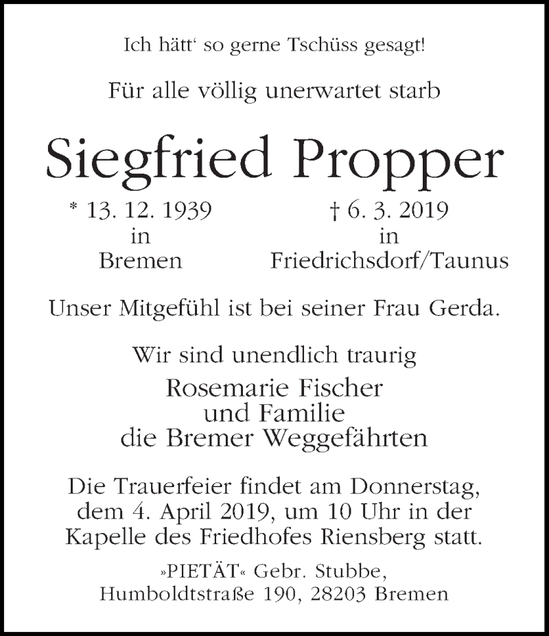 Traueranzeige von Siegfried Propper von WESER-KURIER