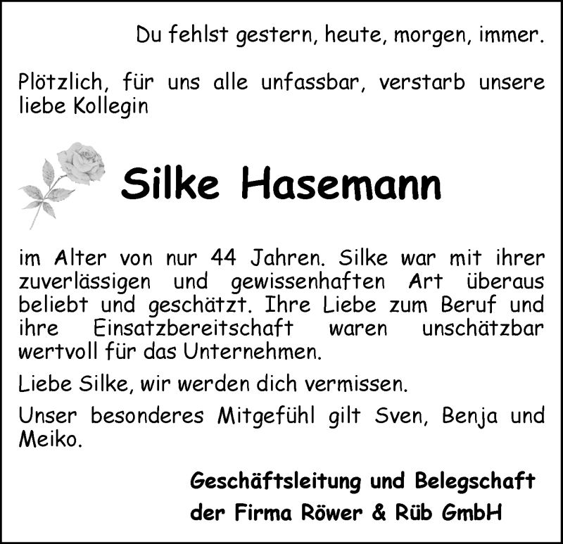 Traueranzeige von Silke Hasemann von WESER-KURIER