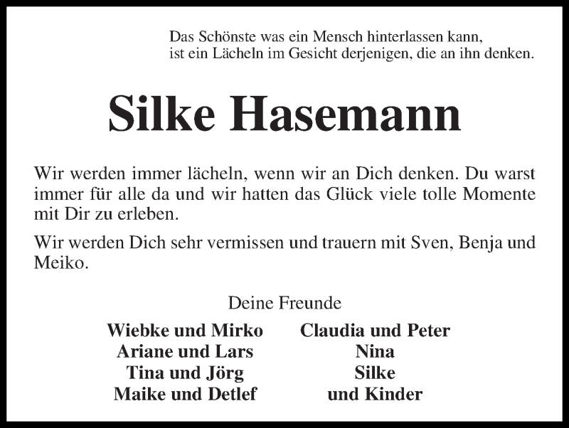 Traueranzeige von Silke Hasemann von WESER-KURIER