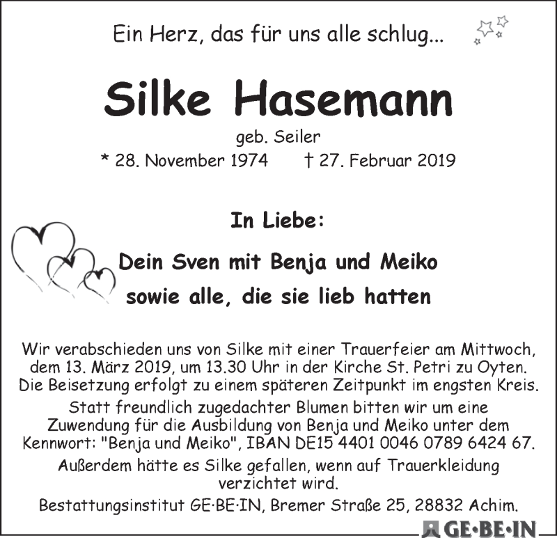 Traueranzeige von Silke Hasemann von WESER-KURIER