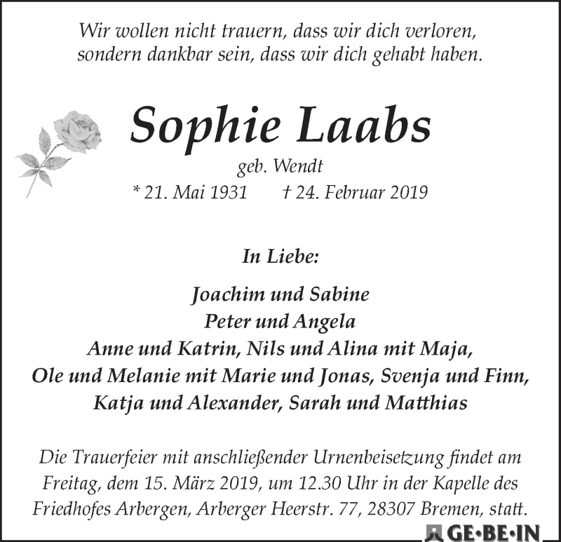 Traueranzeige von Sophie Laabs von WESER-KURIER