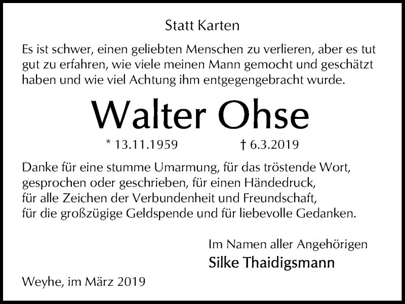 Traueranzeige von Walter Ohse von WESER-KURIER