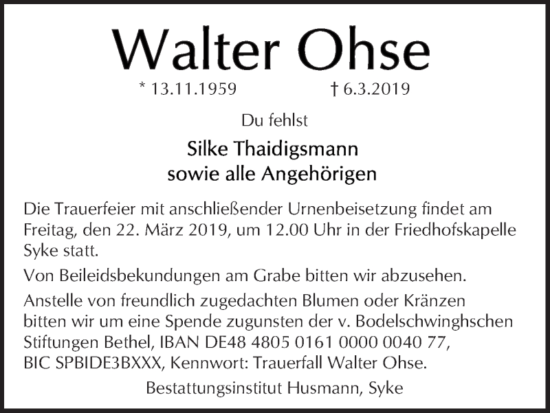 Traueranzeige von Walter Ohse von WESER-KURIER