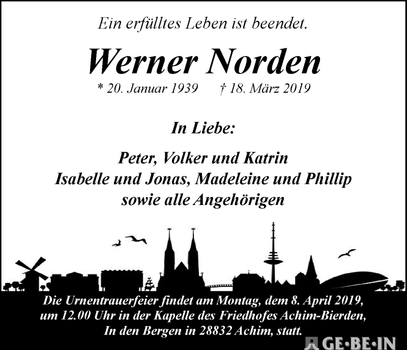 Traueranzeige von Werner Norden von Achimer Kurier/Verdener Nachrichten