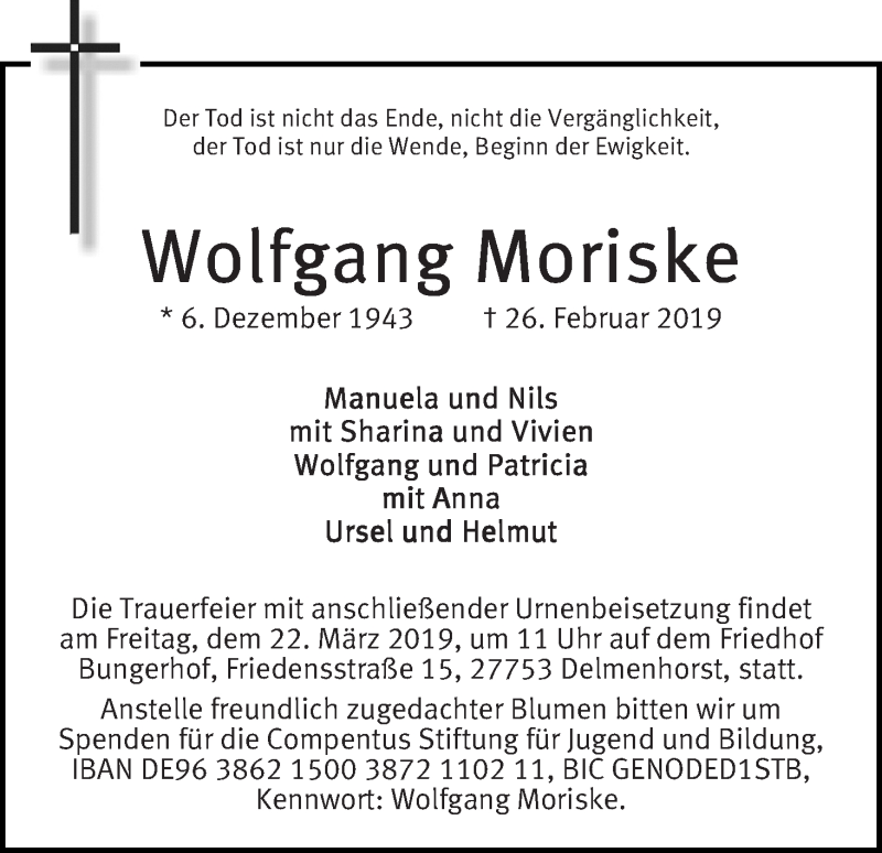 Traueranzeige von Wolfgang Moriske von WESER-KURIER