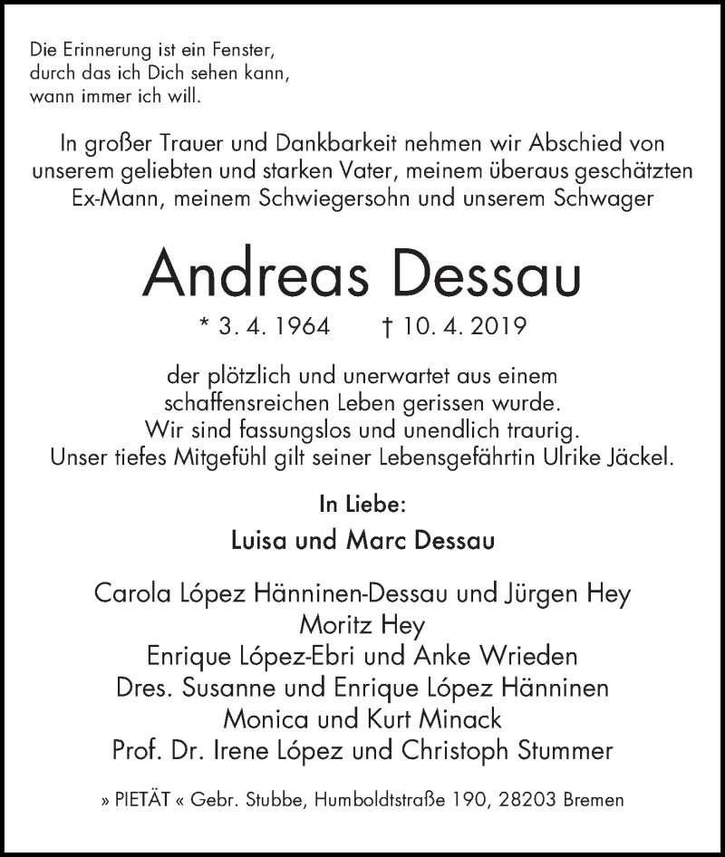 Traueranzeige von Andreas Dessau von WESER-KURIER