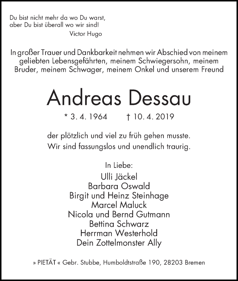 Traueranzeige von Andreas Dessau von WESER-KURIER