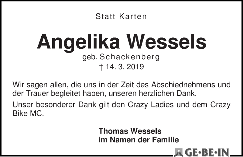Traueranzeige von Angelika Wessels von WESER-KURIER