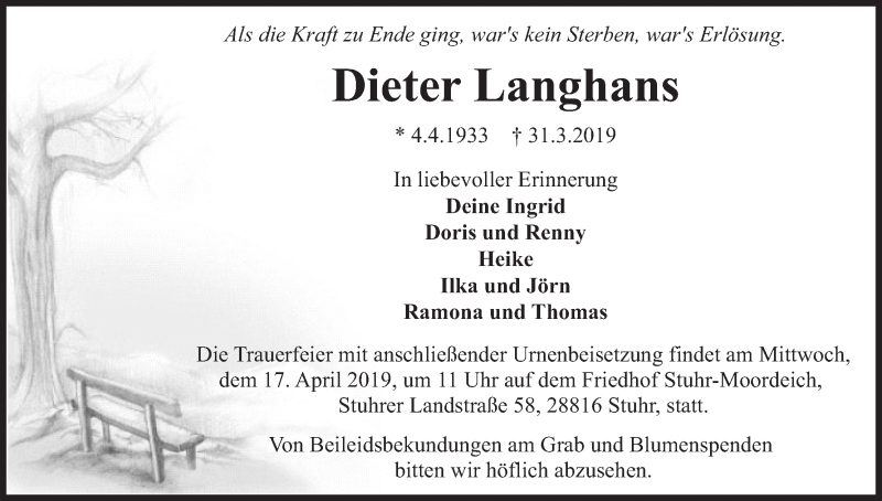 Traueranzeige von Dieter Langhans von WESER-KURIER