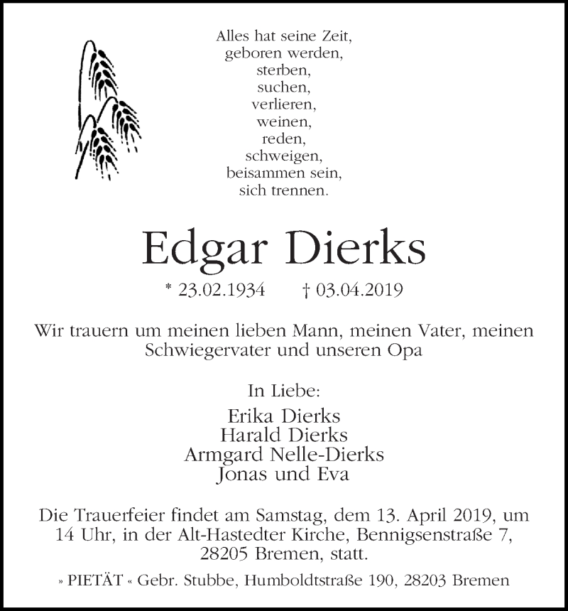 Traueranzeige von Edgar Dierks von WESER-KURIER
