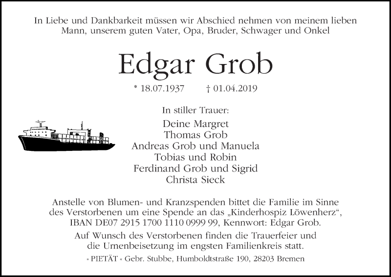 Traueranzeige von Edgar Grob von WESER-KURIER