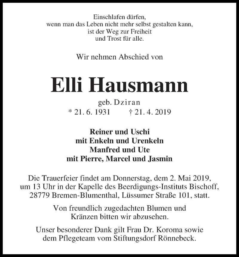 Traueranzeige von Elli Hausmann von Die Norddeutsche