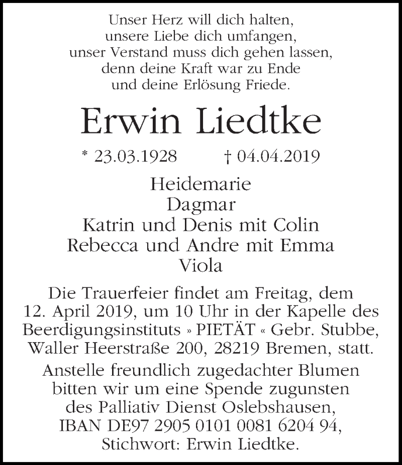Traueranzeige von Erwin Liedtke von WESER-KURIER