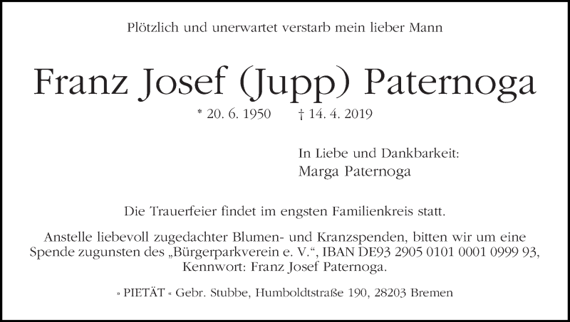 Traueranzeige von Franz Josef (Jupp) Paternoga von WESER-KURIER