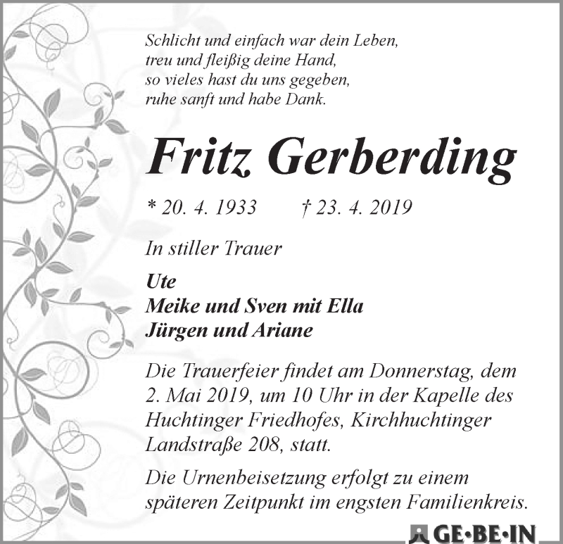 Traueranzeige von Fritz Gerberding von WESER-KURIER