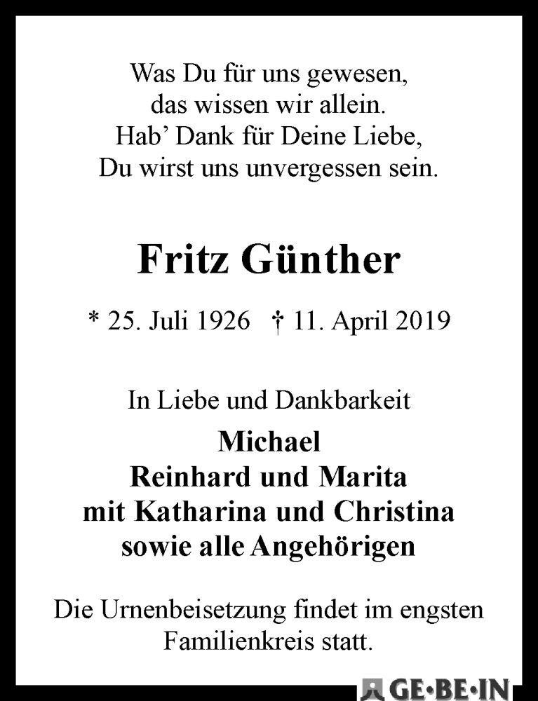 Traueranzeige von Fritz Günther von WESER-KURIER