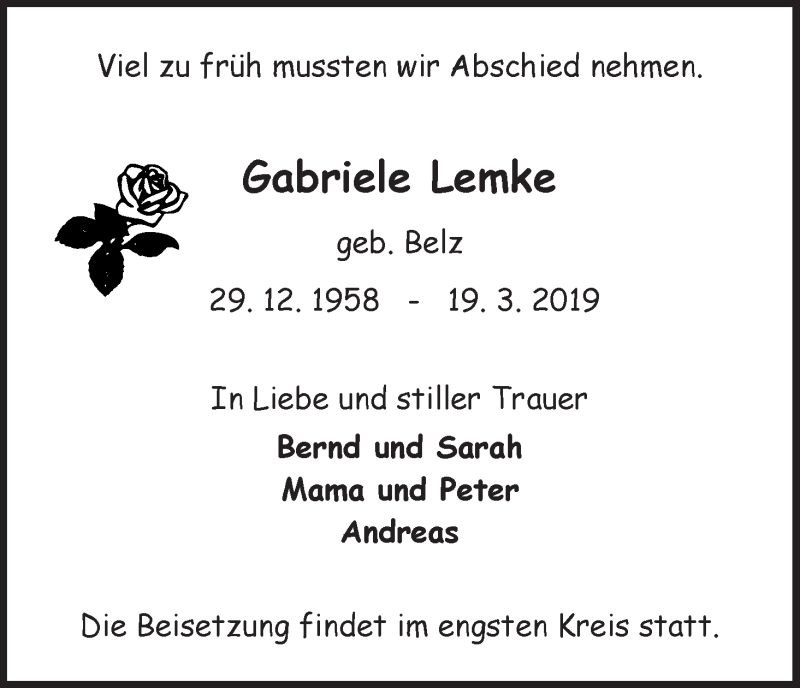 Traueranzeige von Gabriele Lemke von WESER-KURIER