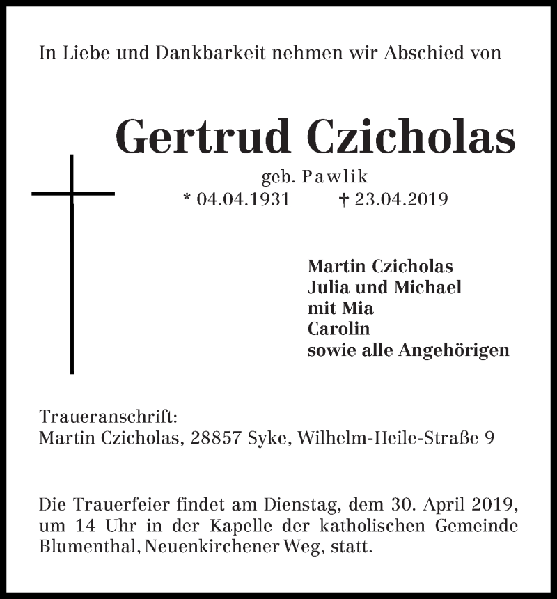 Traueranzeige von Gertrud Czicholas von Die Norddeutsche