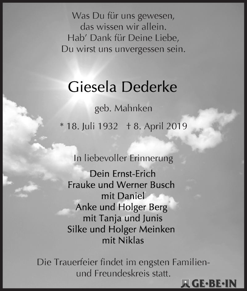 Traueranzeige von Gisela Dederke von WESER-KURIER