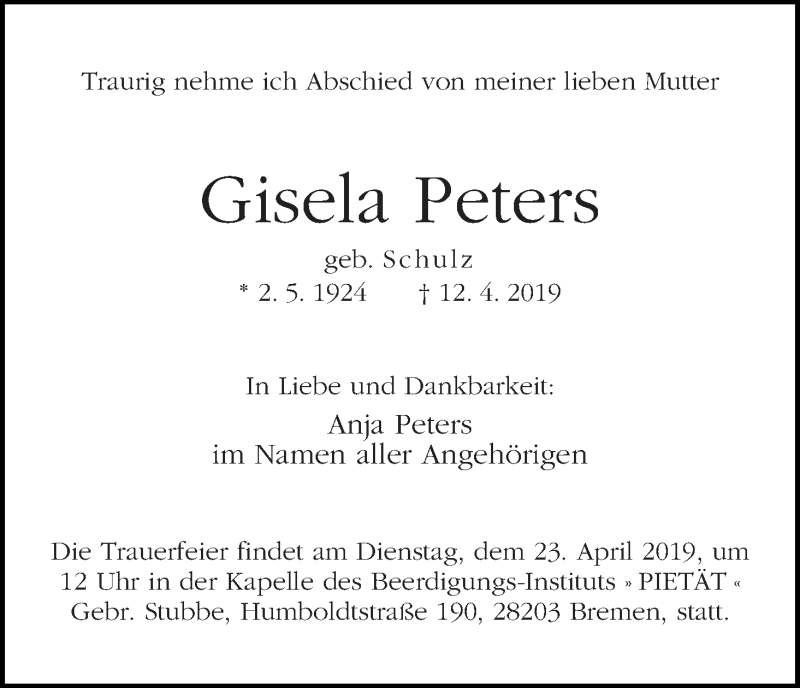 Traueranzeige von Gisela Peters von WESER-KURIER