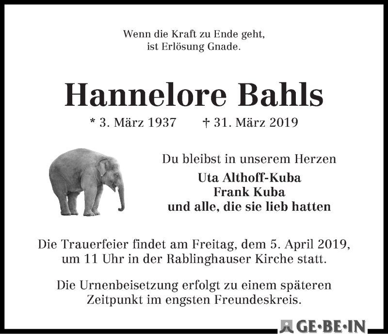 Traueranzeige von Hannelore Bahls von WESER-KURIER