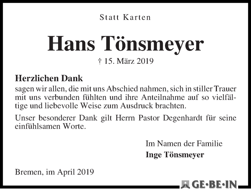 Traueranzeige von Hans Tönsmeyer von WESER-KURIER