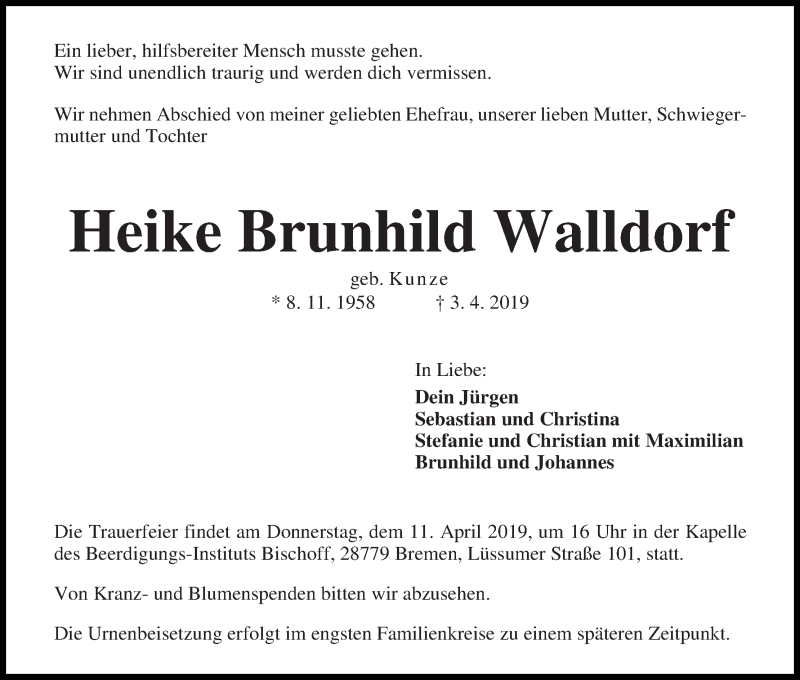 Traueranzeige von Heike Brunhild Walldorf von Die Norddeutsche