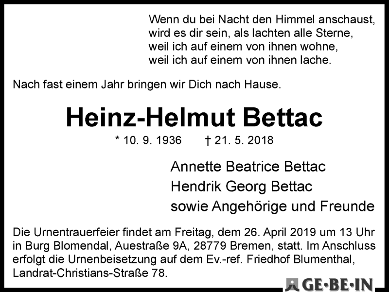 Traueranzeige von Heinz-Helmut Bettac von WESER-KURIER